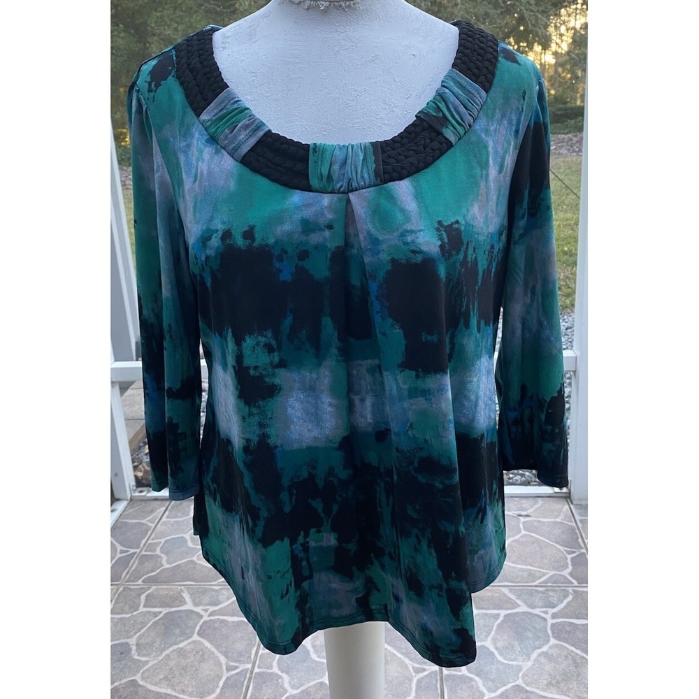 Cocomo Petite Top Blue Green Black Abstract Print Braided Neckline Retro